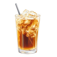 A chilled iced tea, served in a clear glass, filled with ice cubes and a straw.
