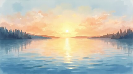 Obraz premium Panoramic sunrise watercolor over calm lake with ripples and subtle shadows, refreshing peaceful scene.
