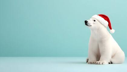 A polar bear cub, wearing a Santa hat, sits against a light teal background, looking upward
