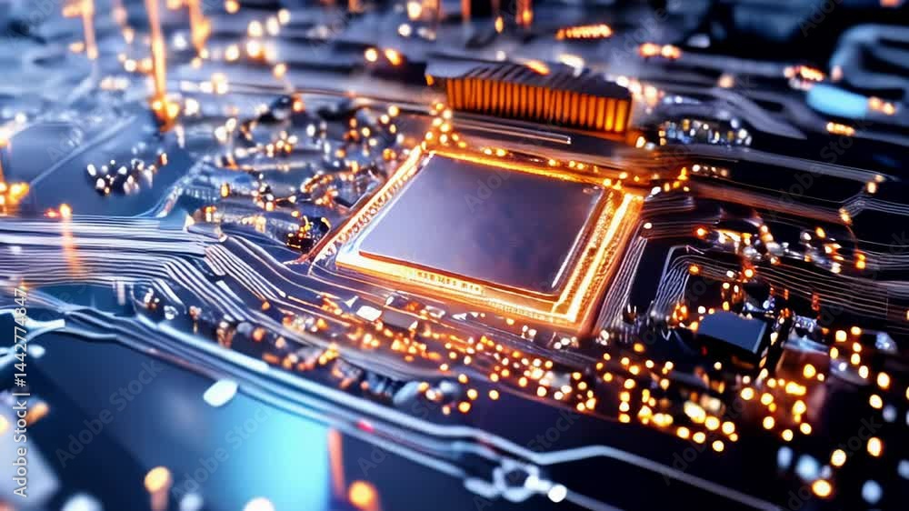 Poster glowing circuit board with integrated chips and illuminated pathways for futuristic technology conce
