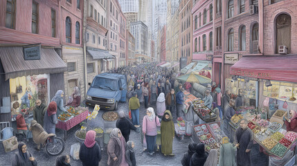 Crayon Illustration of a Bustling Market Street