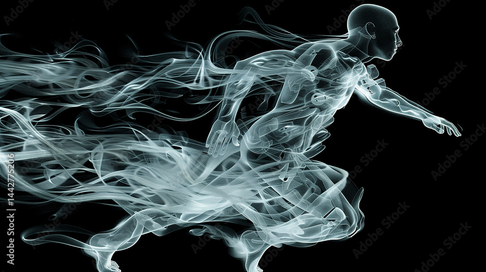 Poster this digital figure in motion symbolizes consciousness transfer and advanced technology.