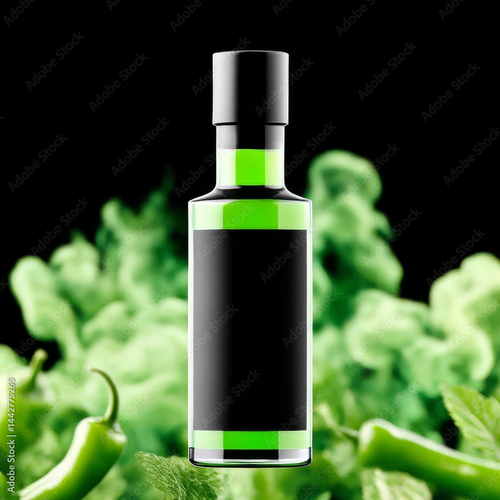 Poster green elixir: a sleek bottle product display with pepper, mint, and mysterious vapor on a black back