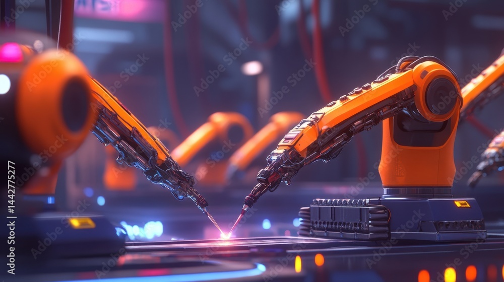 Poster automated robotic welding arms at work in a state-of-the-art factory