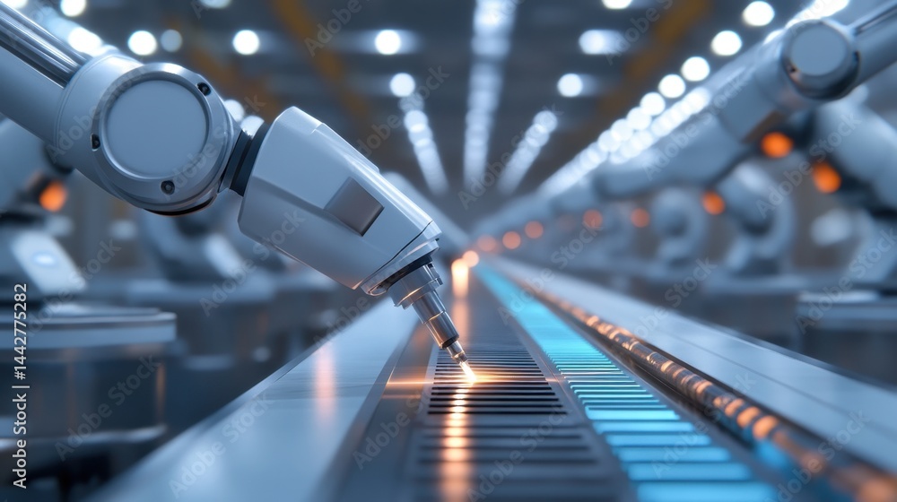 Poster automated robotic welding arms at work in a state-of-the-art factory