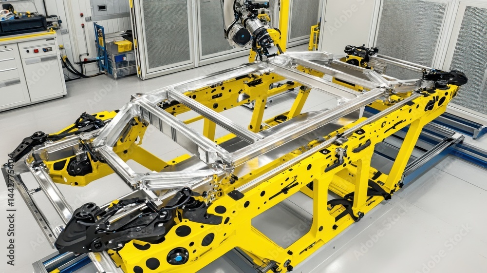 Poster automated welding robots synchronized on a large metal frame assembly