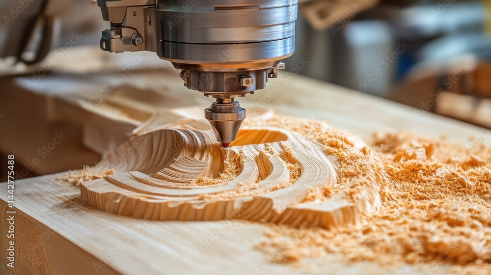 Poster automated wood carving machine creating furniture parts with smart controls
