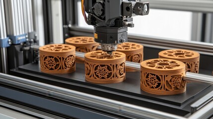 Fototapeta premium Automated wood carving machine creating furniture parts with smart controls