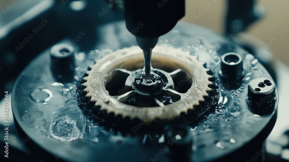 Poster close-up of a d printer creating a mechanical component in an industrial lab