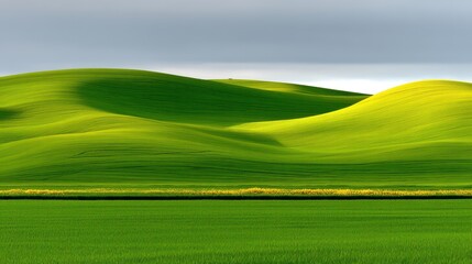 Obraz premium Lush Green Rolling Hills Under Grey Sky Creating a Serene and Tranquil Rural Landscape