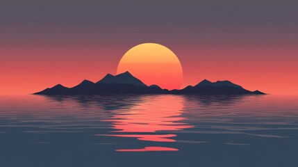 Naklejka premium Tranquil Sunset Over Silhouette Mountains and Calm Water Reflections in a Serene Landscape