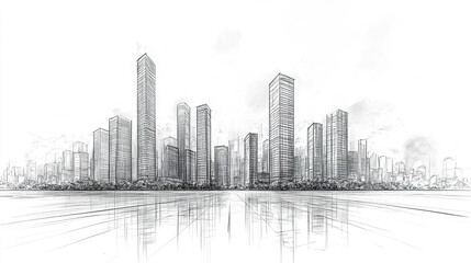 Elegant architectural skyline sketch in monochrome, showcasing modern buildings and reflections