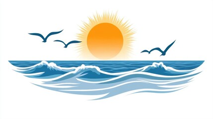 Vibrant Sunrise Over Ocean Waves with Birds in the Sky, a Serene Coastal Scene for Nature Enthusiasts
