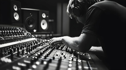 Man wearing headphones works at a sound mixing console in a studio.