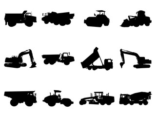 Obraz premium Set of Heavy Construction Equipment Machinery Silhouette in various poses isolated on white background