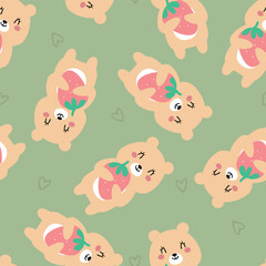 Seamless pattern cute cartoon bear holding strawberry. cute animal drawing for wallpaper, pattern, background