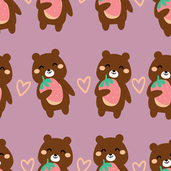 Seamless pattern cute cartoon brown bear holding strawberry. cute animal drawing for wallpaper, pattern, background