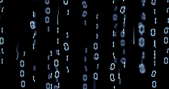 Binary code matrix background with falling numbers and glitching aberrations, digital data stream effect animation, loop footage