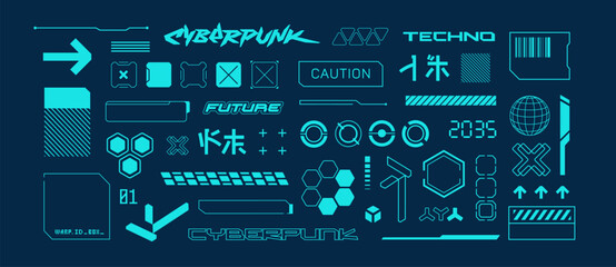 Futuristic sci-fi elements in Cyberpunk style for t-shirt print and game design. Futuristic HUD elements with Japanese text inscription. Futuristic emblems and signs for silkscreen clothing (1)