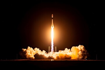 A rocket launches at night, fiery exhaust illuminating the dark sky and ground below, leaving a trail of smoke