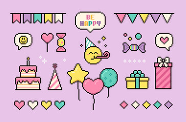 Pixel art Happy Birthday elements collection of present box, gifts, holiday cake, balloons. Birthday party icons (set 2). Y2k trendy pixel holiday stickers. 8-bit game style icons in vector