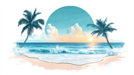 Fototapeta premium Serene Tropical Beach Scene with Sun Setting Over Ocean Waves and Palm Trees in Vibrant Colors