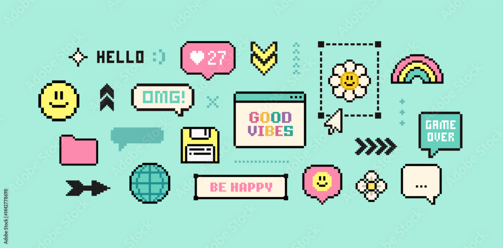 Poster y2k pixel game elements and stickers of good vibes 90's aesthetics (set 3). 8-bit retro game backgro