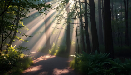 Obraz premium Misty Forest Path with Sunbeams