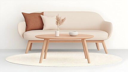 Minimalist living room with beige sofa, round wooden coffee table, cream rug, and decorative elements