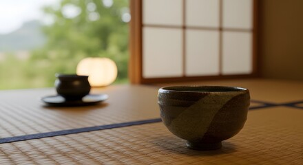 Serene traditional japanese tea ceremony setup with matcha bowl and calming atmosphere