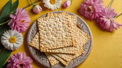 Matzo and flowers on yellow background, top view. Passover (Pesach) Seder Pesach celebration concept (jewish Passover holiday).