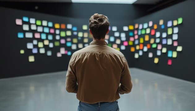 Business worker planning session in office space man analyzing scheduling board for project management success