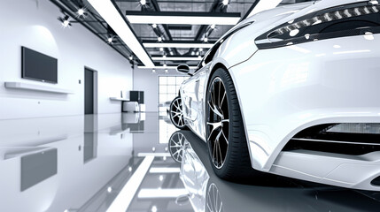Fototapeta premium Luxurious white sports cars displayed in a modern showroom 