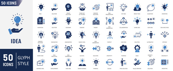 Idea flat icon set. Containing Creative idea, brainstorming, solution, thinking, imagination, innovation and more. Vector illustration