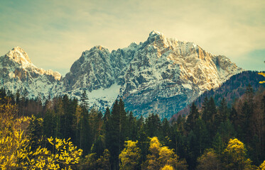 Spectacular Mountain Landscape of Kranjska Gora, Slovenia – Snow-Capped Peaks, Colorful Autumn Forests, and Tranquil Atmosphere