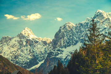 Spectacular Mountain Landscape of Kranjska Gora, Slovenia – Snow-Capped Peaks, Colorful Autumn Forests, and Tranquil Atmosphere