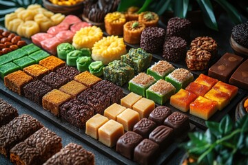 Colorful Array of Traditional Sweets on Wooden Tray in Natural Light