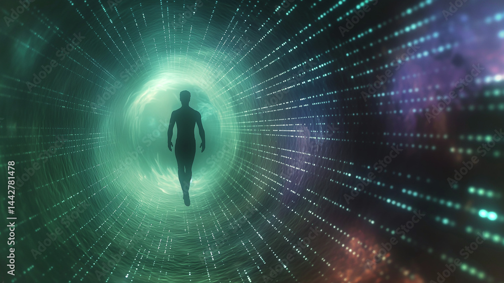 Poster This figure traverses a vivid digital tunnel, symbolizing memory upload and consciousness transfer.