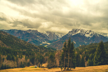 Spectacular Mountain Landscape of Kranjska Gora, Slovenia – Snow-Capped Peaks, Colorful Autumn Forests, and Tranquil Atmosphere