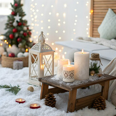 Cozy Christmas Bedroom Decor: Candles, Lantern, and Winter Wonderland Setting