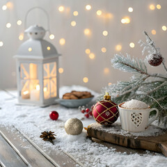 Cozy Winter Scene with Lantern and Festive Decorations
