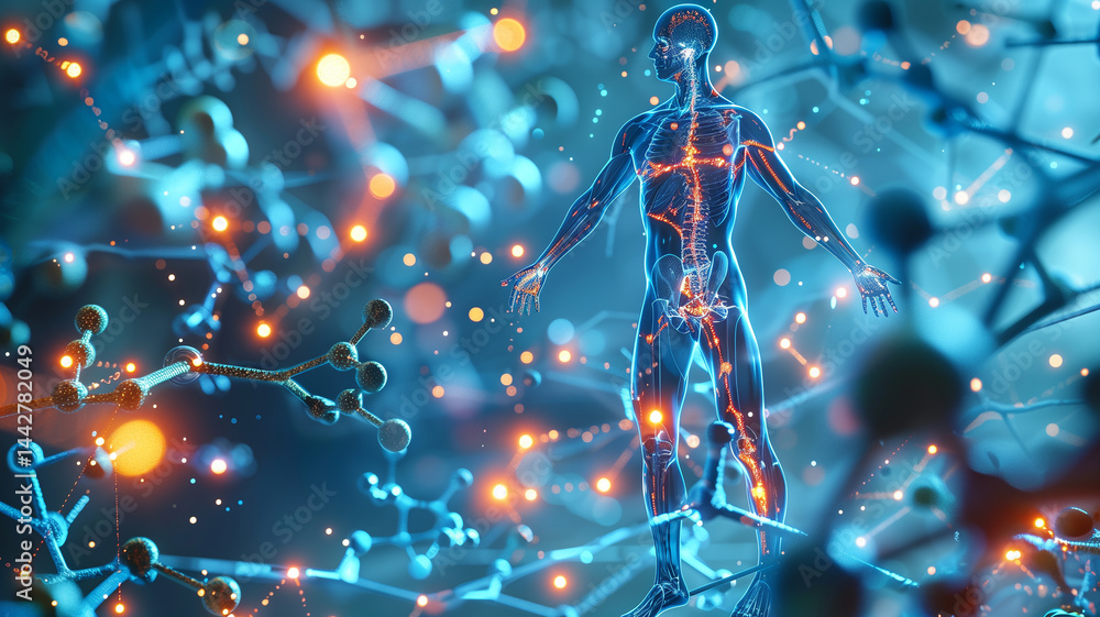 Poster this digital human figure emerges among glowing neural connections and vibrant data patterns.