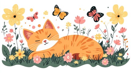Obraz premium Orange tabby cat sleeping in spring flowers