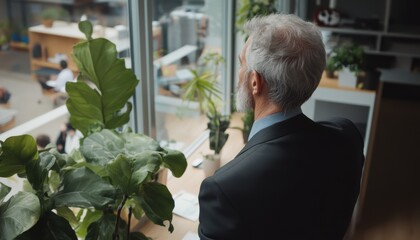 Business executive man observing cityscape from high floor office modern workspace corporate environment inspirational perspective