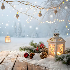 Winter Wonderland Christmas Scene: Lights, Lantern & Snow