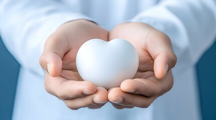 Obraz premium Two hands gently cradle a small, white heart-shaped object