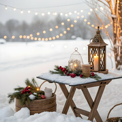 Winter Wonderland Scene: Cozy Outdoor Decor with Candles and Lanterns