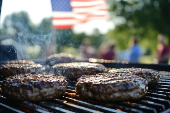 Grilling burgers on bbq for summer party with american flag in background cookout barbecue 4th july food