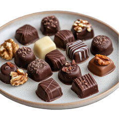 Assorted chocolates on a plate with nuts and different decorations on top