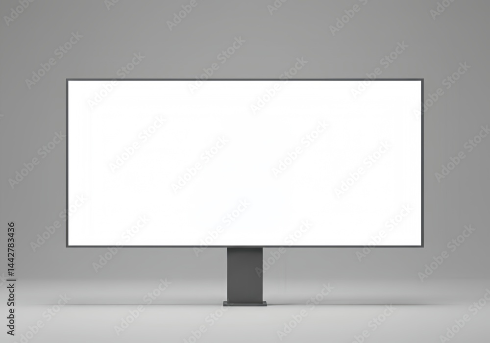Poster a blank horizontal billboard or large screen on a dark stand is centered against a plain grey backgr